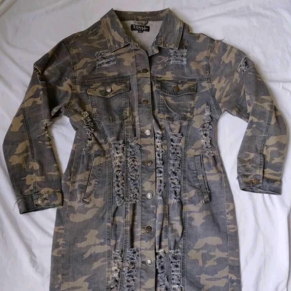 Thrill Jeans Denim Jacket Green Camo Distressed Frayed Grunge Womens Large - Picture 2 of 11